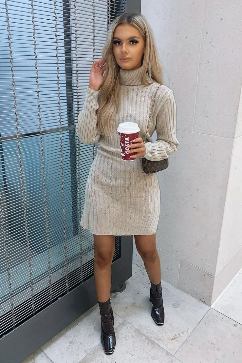 Beige Rib Knit Roll Neck Jumper Dress – Fashion By Maya