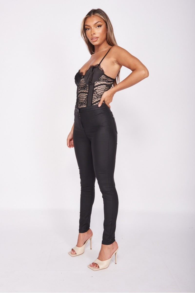 Black Eyelash Lace Trim Panelled Bodysuit Fashion By Maya