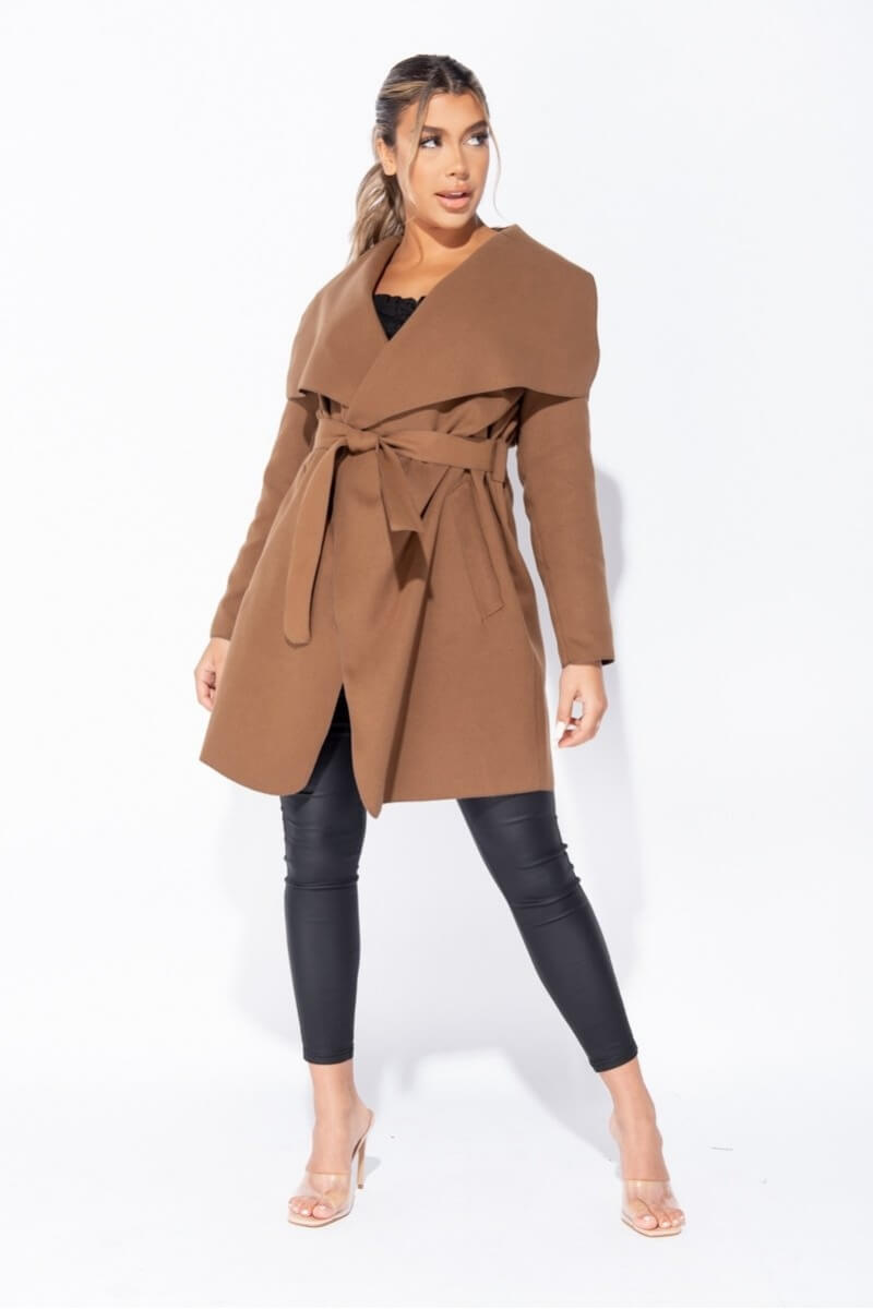 Brown Mid Length Oversized Belted Waterfall Coat Fashion By Maya