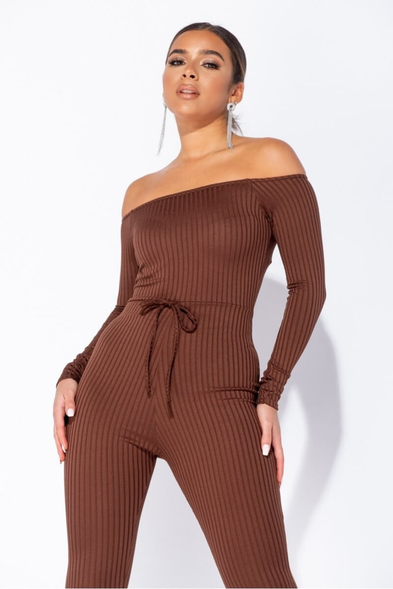 Brown Rib Knit Long Sleeve Bardot Jumpsuit Fashion By Maya