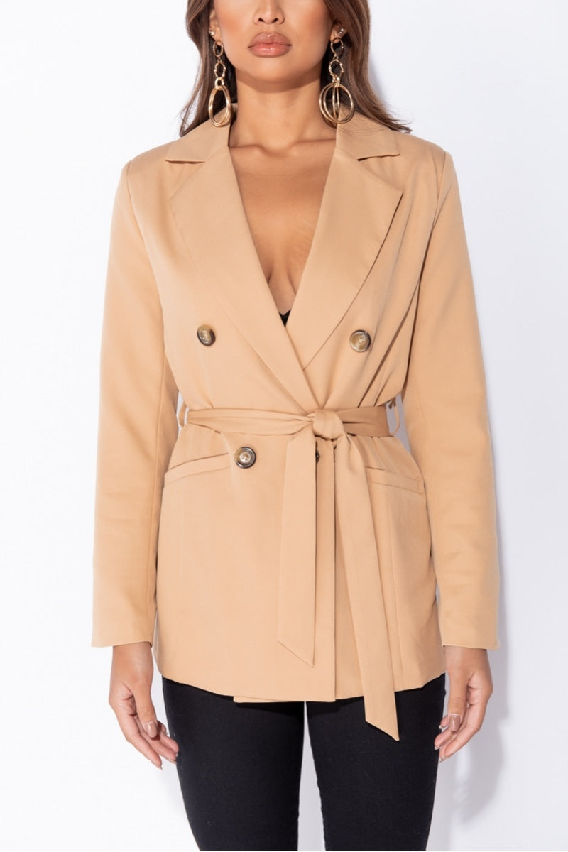 Camel Double Breasted Belted Fitted Blazer Fashion By Maya