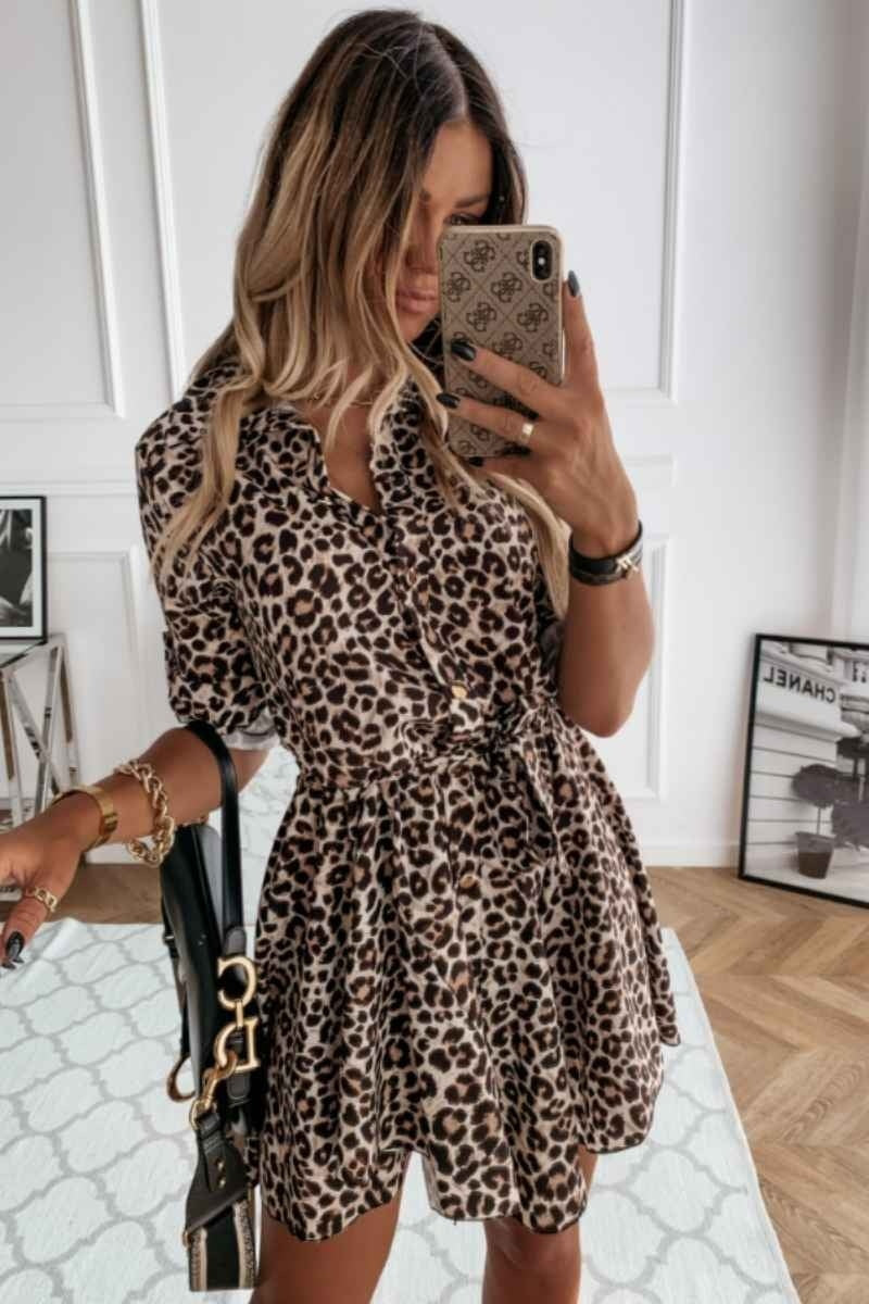 Leopard Self Belt Long Sleeve Shirt Dress Fashion By Maya