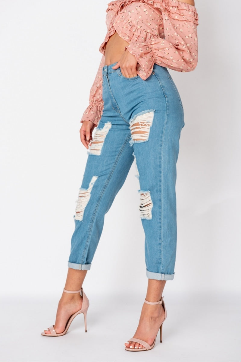 Mid blue ripped fashion jeans