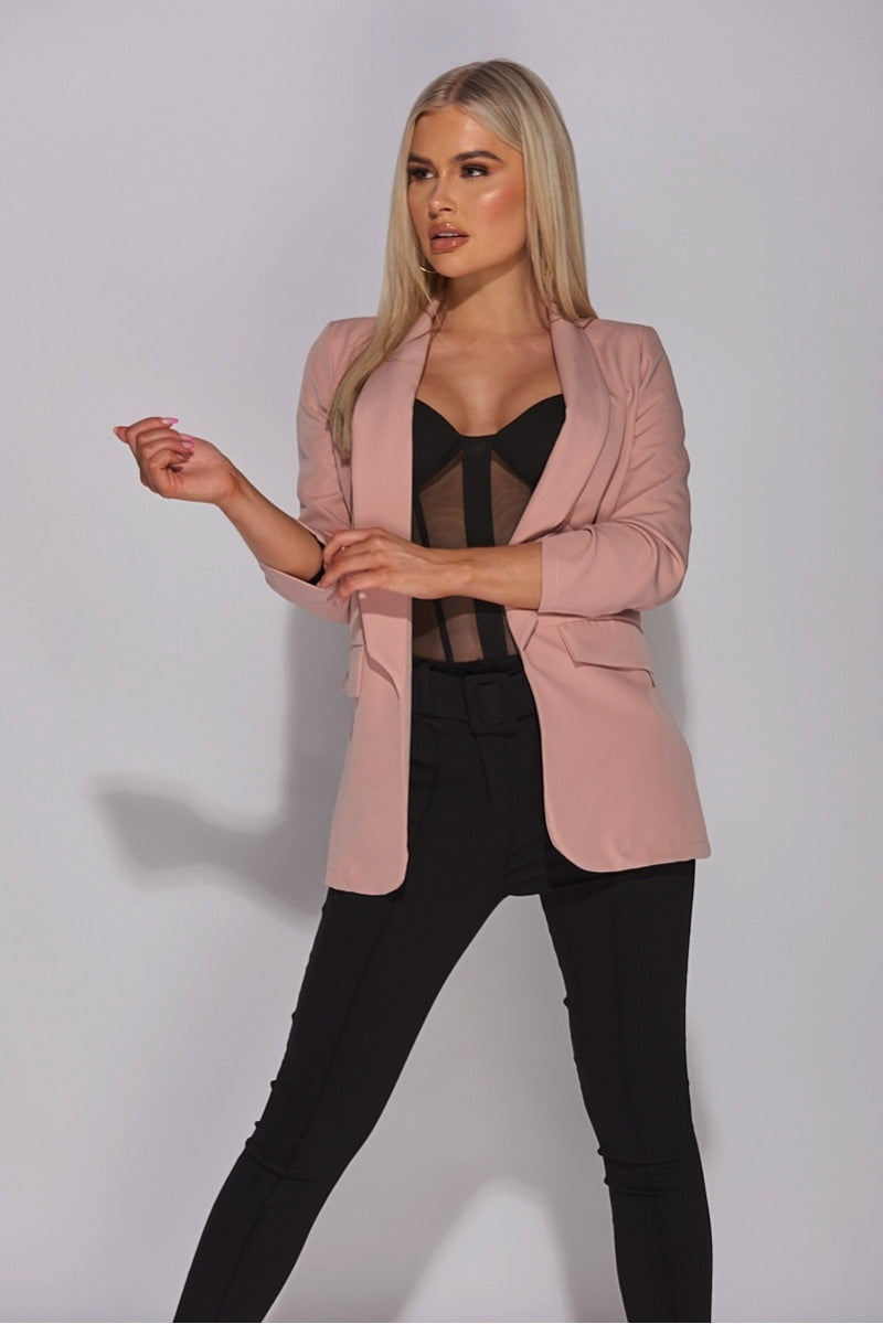 Nude Lapel Detail Ruched Sleeve Blazer – Fashion By Maya