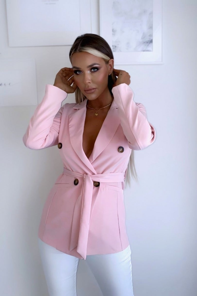 Pink Double Breasted Belted Fitted Blazer Fashion By Maya